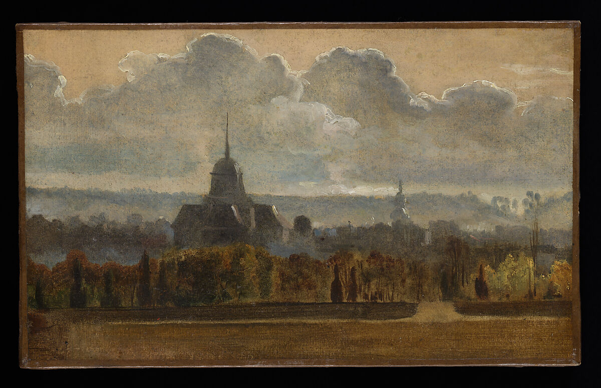 View of Notre Dame de Versailles from the plaine de Rocquencourt toward the South, Attributed to François Marius Granet (French, Aix-en-Provence 1775–1849 Aix-en-Provence), Oil on paper, mounted on canvas 