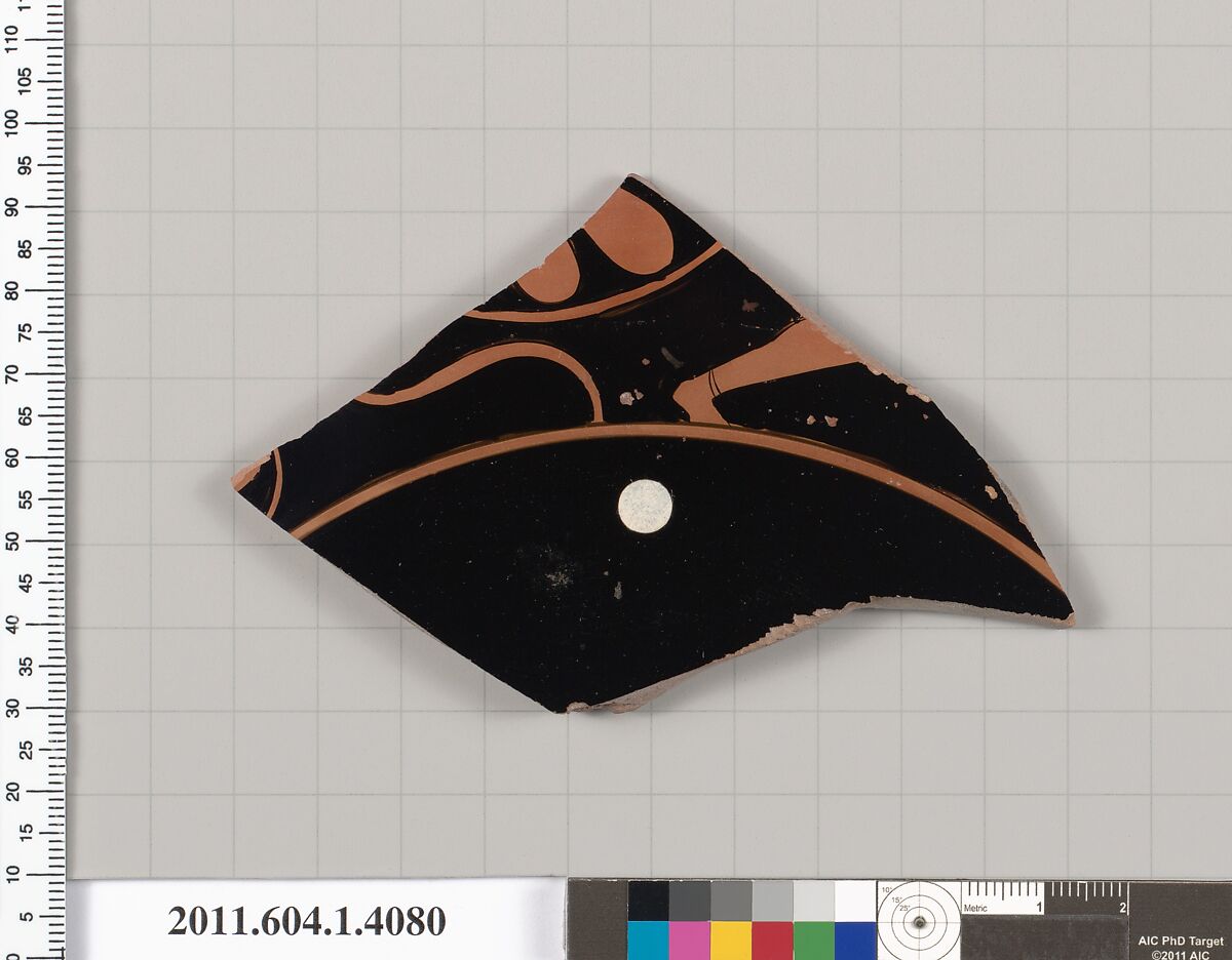Terracotta fragment of a kylix (drinking cup), Terracotta, Greek, Attic