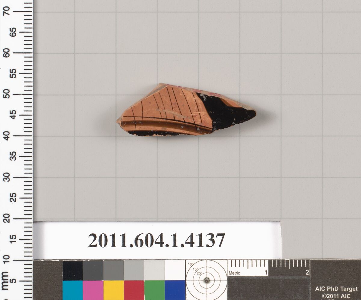 Terracotta fragment of a kylix (drinking cup), Terracotta, Greek, Attic