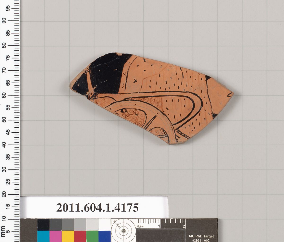 Terracotta fragment of a kylix (drinking cup), Terracotta, Greek, Attic 