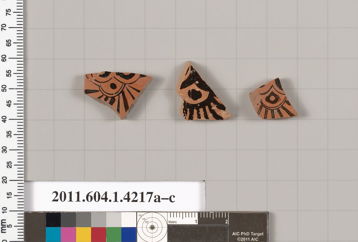 Terracotta fragments of kylikes (drinking cups), Terracotta, Greek, Attic 