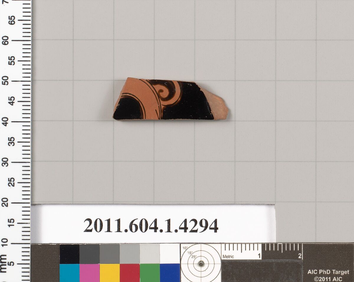 Terracotta fragment of a kylix (drinking cup), Terracotta, Greek, Attic 