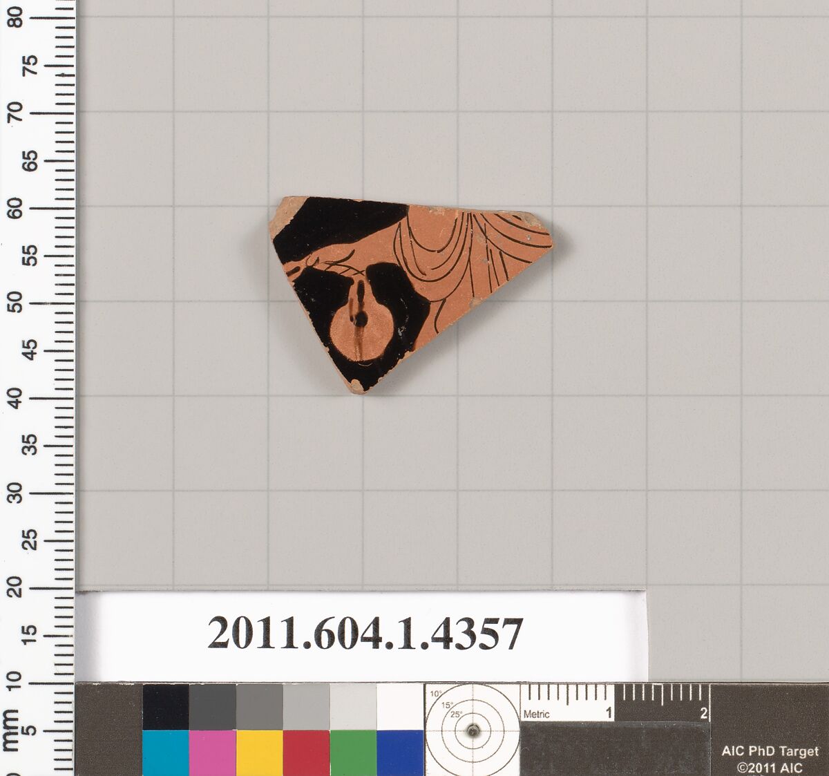 Terracotta fragment of a kylix (drinking cup), Terracotta, Greek, Attic 