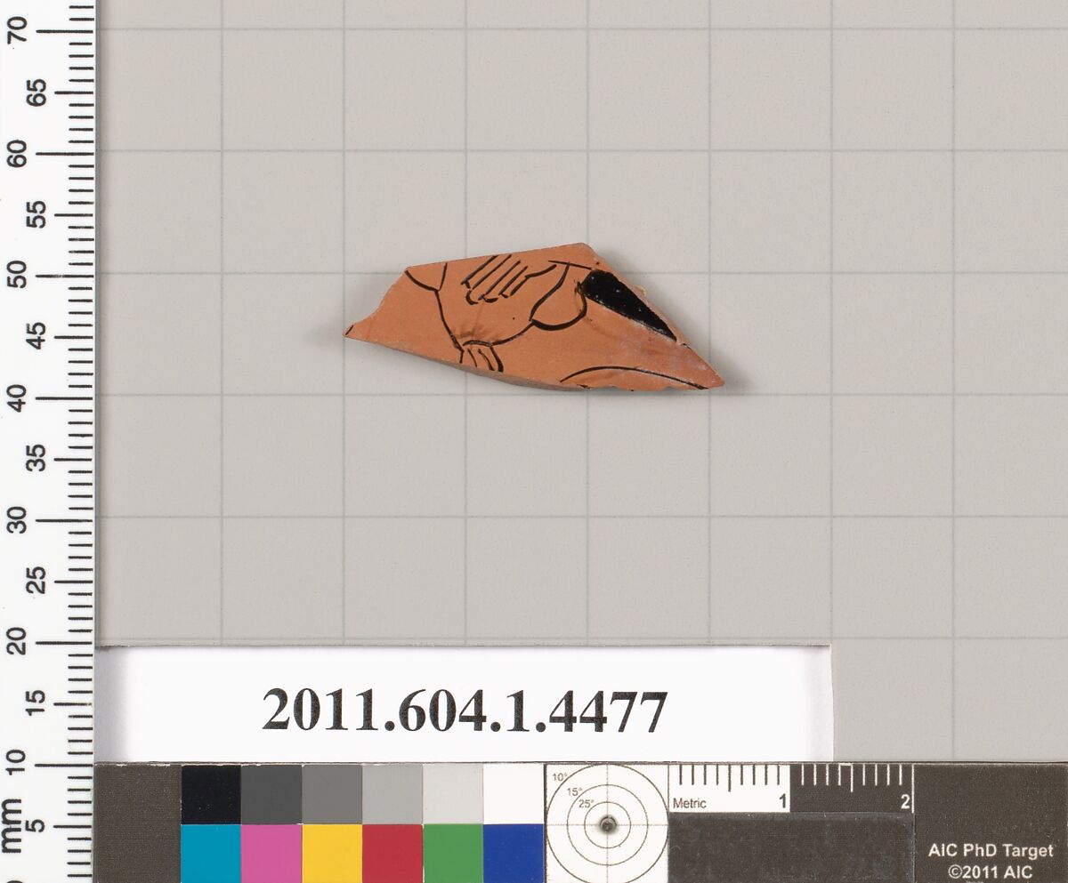 Terracotta fragment of a kylix (drinking cup), Terracotta, Greek, Attic 