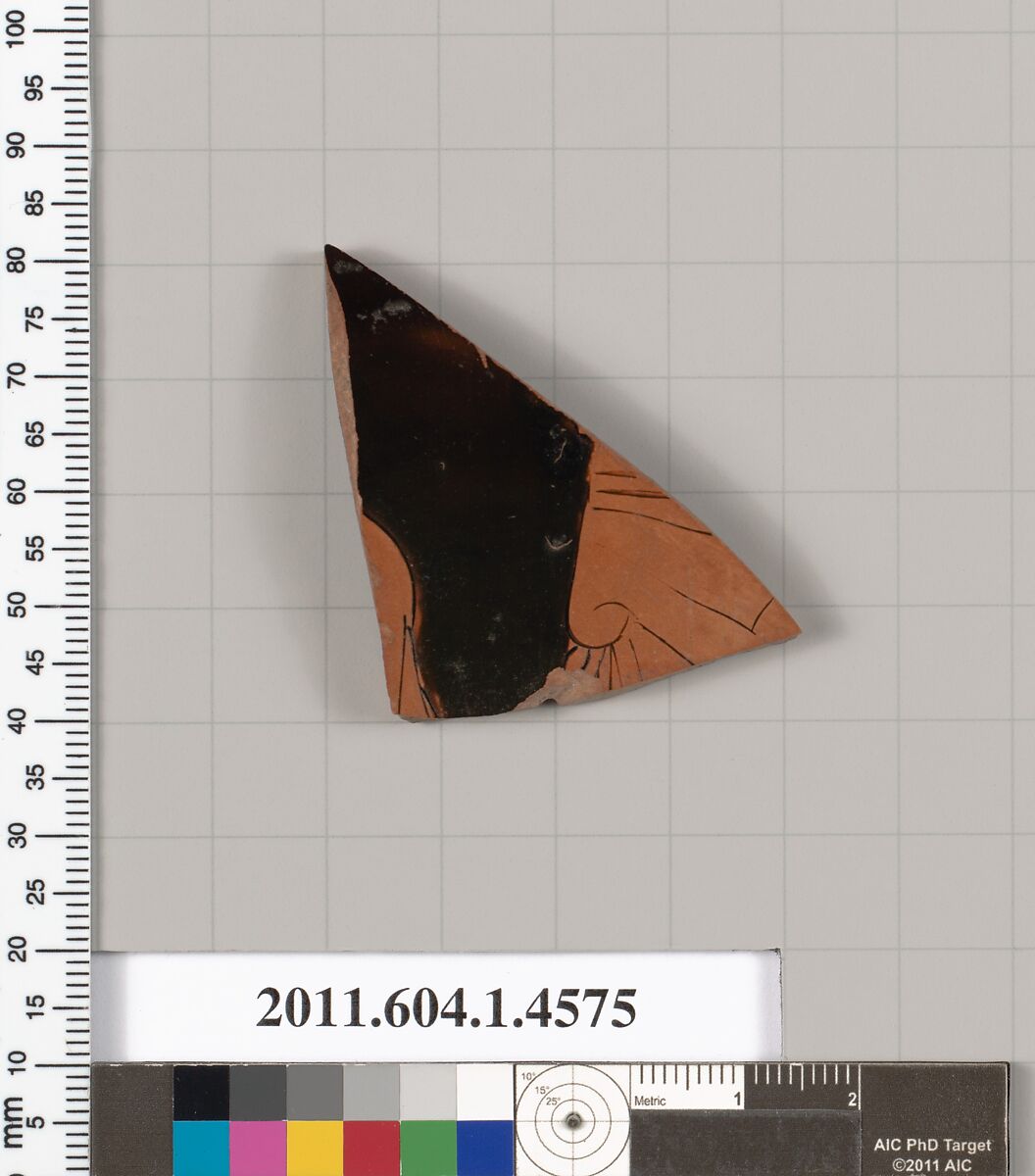 Terracotta fragment of a kylix (drinking cup), Terracotta, Greek, Attic 