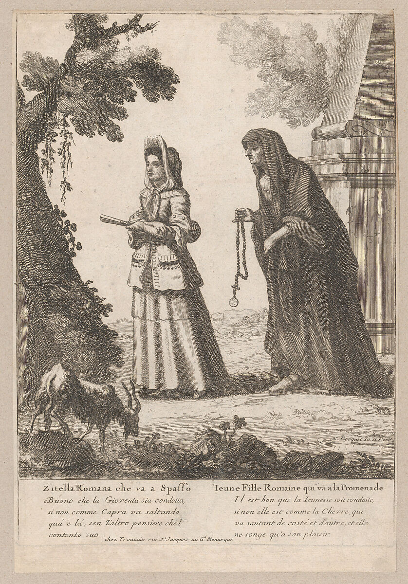 Young Roman Girl Going for a Walk, Nicholas Boucquet (French, active Paris and Rome, 1648–1700), Engraving; third state of three 