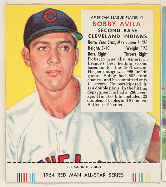 Bobby Avila, from the Major League All Stars series (T234), issued by Red Man Chewing Tobacco, Issued by Red Man Chewing Tobacco (American), Commercial color lithograph 