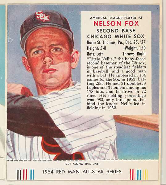Nelson Fox, from the Major League All Stars series (T234), issued by Red Man Chewing Tobacco, Issued by Red Man Chewing Tobacco (American), Commercial color lithograph 