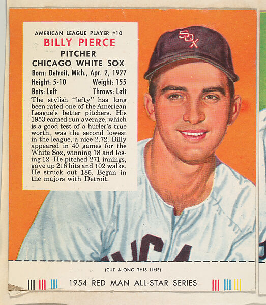 Billy Pierce, from the Major League All Stars series (T234), issued by Red Man Chewing Tobacco, Issued by Red Man Chewing Tobacco (American), Commercial color lithograph 