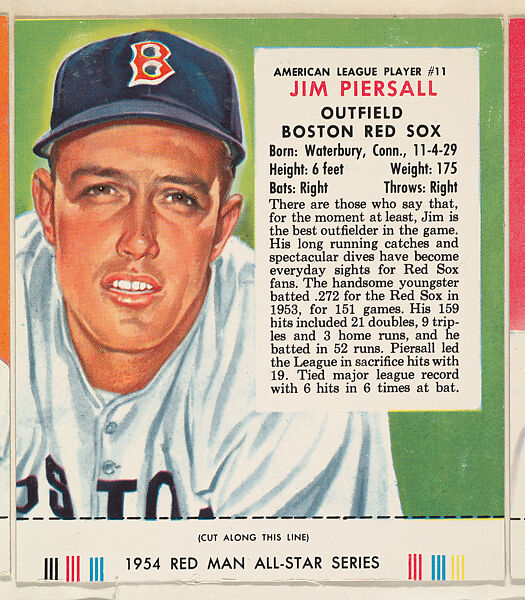 Jim Piersall, from the Major League All Stars series (T234), issued by Red Man Chewing Tobacco, Issued by Red Man Chewing Tobacco (American), Commercial color lithograph 