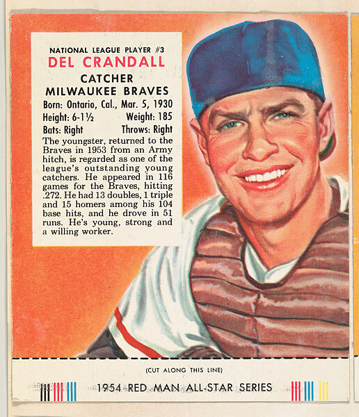 Del Crandall, from the Major League All Stars series (T234), issued by Red Man Chewing Tobacco, Issued by Red Man Chewing Tobacco (American), Commercial color lithograph 