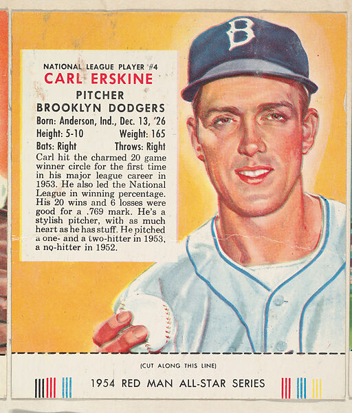Carl Erskine, from the Major League All Stars series (T234), issued by Red Man Chewing Tobacco, Issued by Red Man Chewing Tobacco (American), Commercial color lithograph 