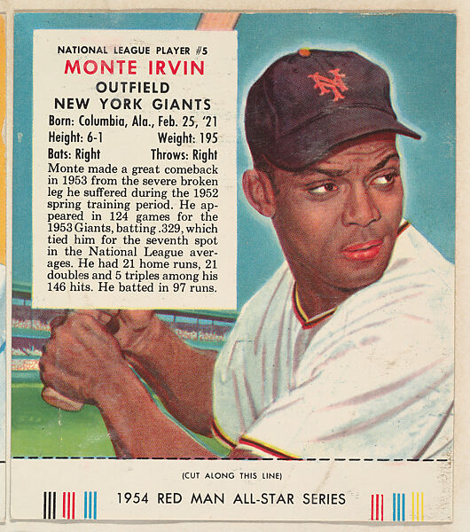 Monte Irvin, from the Major League All Stars series (T234), issued by Red Man Chewing Tobacco, Issued by Red Man Chewing Tobacco (American), Commercial color lithograph 