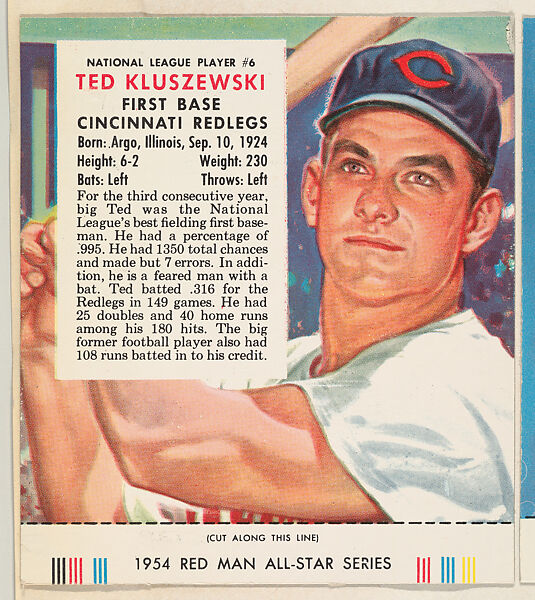 Issued by Red Man Chewing Tobacco, Ted Kluszewski, from the Major League  All Stars series (T234), issued by Red Man Chewing Tobacco