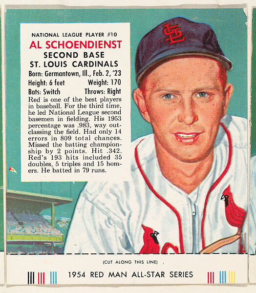 Al Schoendienst, from the Major League All Stars series (T234), issued by Red Man Chewing Tobacco, Issued by Red Man Chewing Tobacco (American), Commercial color lithograph 