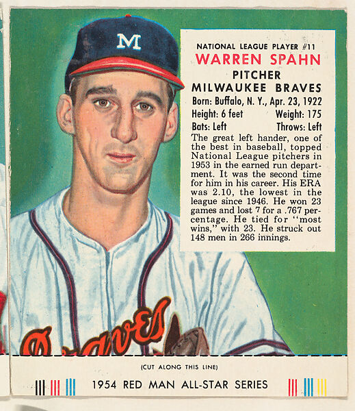 Warren Spahn, from the Major League All Stars series (T234), issued by Red Man Chewing Tobacco, Issued by Red Man Chewing Tobacco (American), Commercial color lithograph 