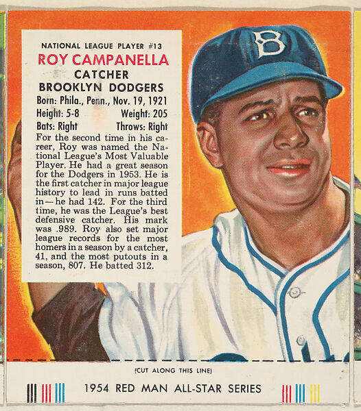Roy Campanella, from the Major League All Stars series (T234), issued by Red Man Chewing Tobacco, Issued by Red Man Chewing Tobacco (American), Commercial color lithograph 