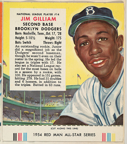 Jim Gilliam, from the Major League All Stars series (T234), issued by Red Man Chewing Tobacco, Issued by Red Man Chewing Tobacco (American), Commercial color lithograph 