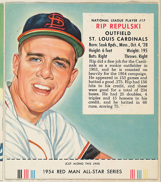 Rip Repulski, from the Major League All Stars series (T234), issued by Red Man Chewing Tobacco, Issued by Red Man Chewing Tobacco (American), Commercial color lithograph 