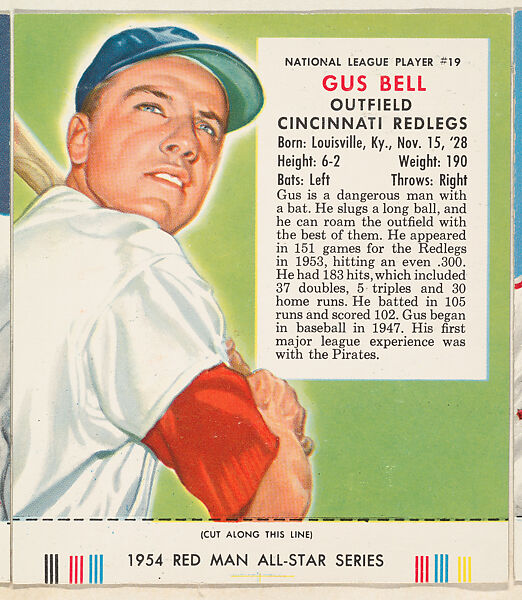 Gus Bell, from the Major League All Stars series (T234), issued by Red Man Chewing Tobacco, Issued by Red Man Chewing Tobacco (American), Commercial color lithograph 