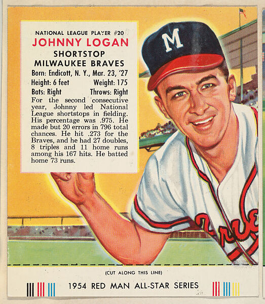 Johnny Logan, from the Major League All Stars series (T234), issued by Red Man Chewing Tobacco, Issued by Red Man Chewing Tobacco (American), Commercial color lithograph 