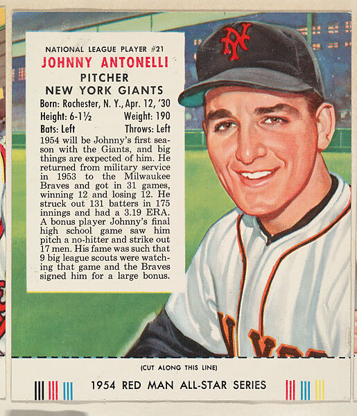 Johnny Antonelli, from the Major League All Stars series (T234), issued by Red Man Chewing Tobacco, Issued by Red Man Chewing Tobacco (American), Commercial color lithograph 