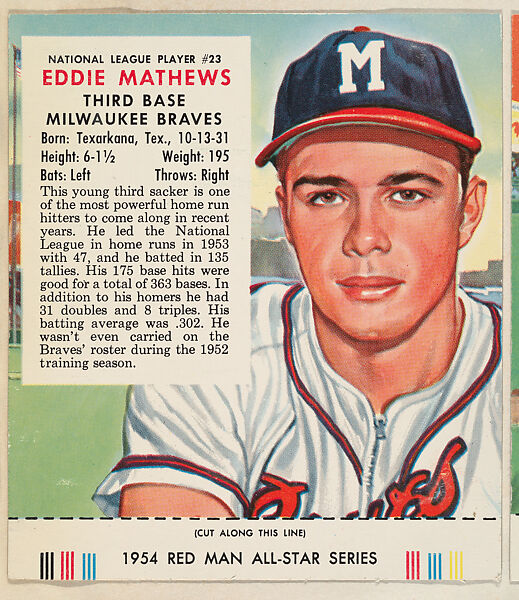 Issued by Red Man Chewing Tobacco, Eddie Mathews, from the Major League  All Stars series (T234), issued by Red Man Chewing Tobacco