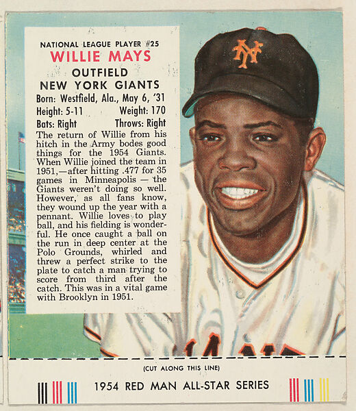 WIllie Mays, from the Major League All Stars series (T234), issued by Red Man Chewing Tobacco, Issued by Red Man Chewing Tobacco (American), Commercial color lithograph 