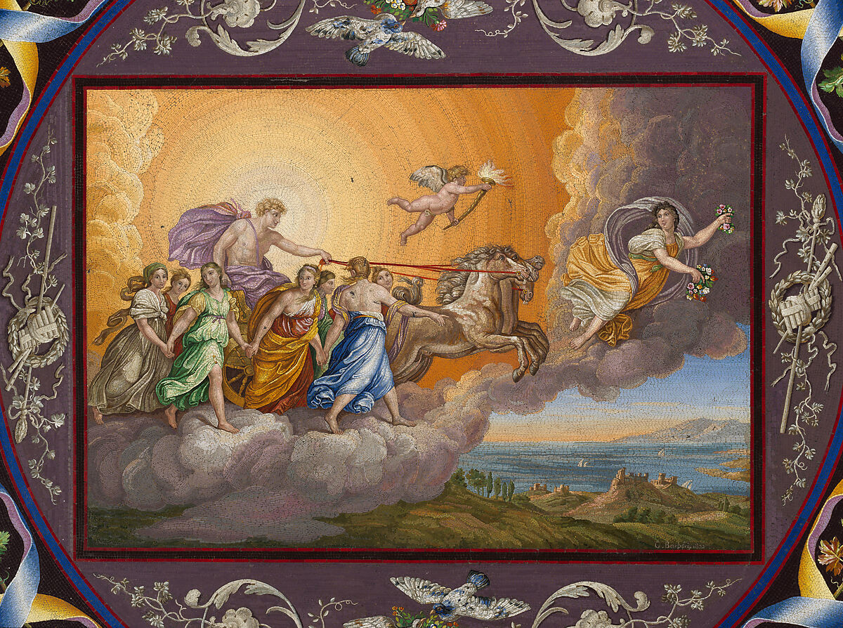 Table top depicting Aurora and the Chariot of Apollo, Gioacchino Barberi (Italian, 1783–1857), Micromosaic, Italian, Rome