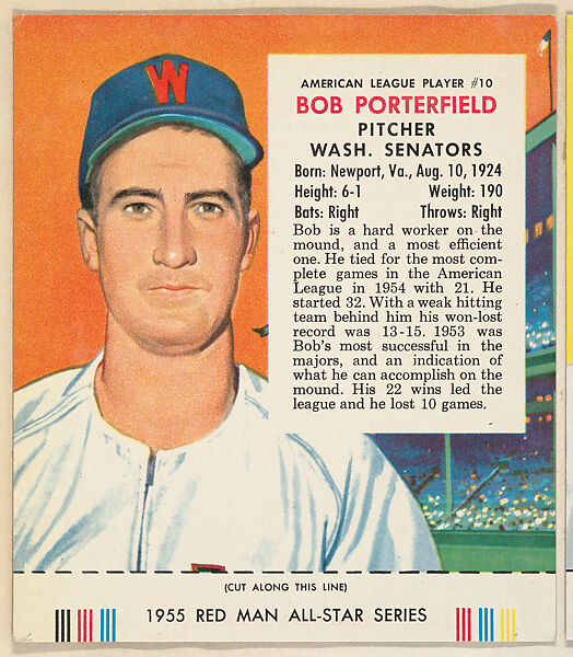 Bob Porterfield, from the Major League Baseball series (T235), issued by Red Man Chewing Tobacco, Issued by Red Man Chewing Tobacco (American), Commercial color lithograph 