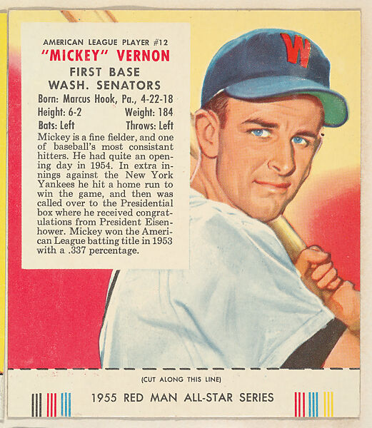 "Mickey" Vernon, from the Major League Baseball series (T235), issued by Red Man Chewing Tobacco, Issued by Red Man Chewing Tobacco (American), Commercial color lithograph 