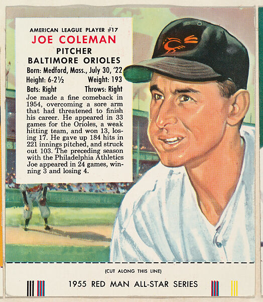 Joe Coleman, from the Major League Baseball series (T235), issued by Red Man Chewing Tobacco, Issued by Red Man Chewing Tobacco (American), Commercial color lithograph 