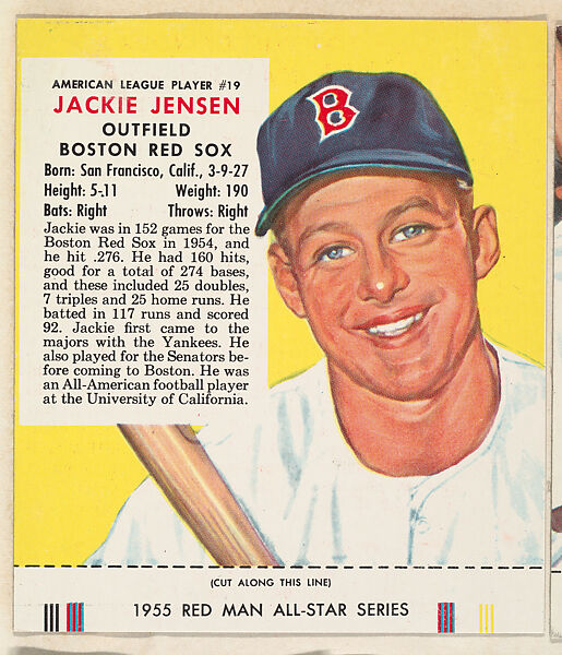 Jackie Jensen, from the Major League Baseball series (T235), issued by Red Man Chewing Tobacco, Issued by Red Man Chewing Tobacco (American), Commercial color lithograph 
