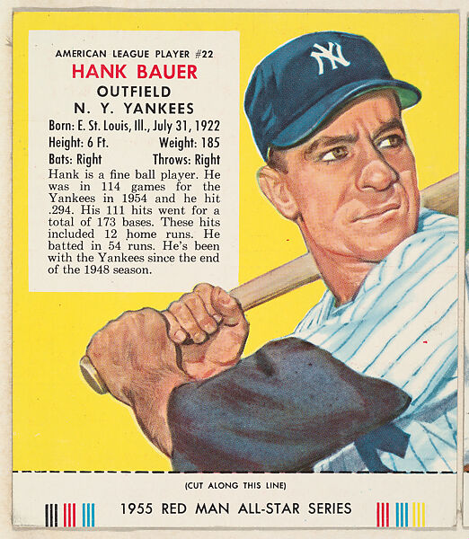 Hank Bauer, from the Major League Baseball series (T235), issued by Red Man Chewing Tobacco, Issued by Red Man Chewing Tobacco (American), Commercial color lithograph 