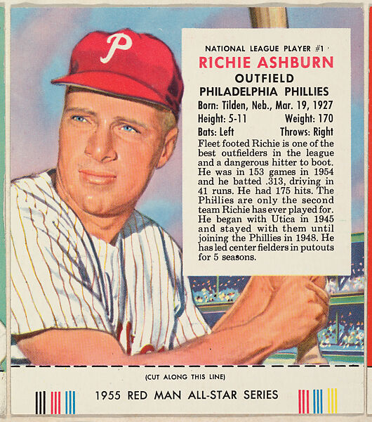 Richie Ashburn, from the Major League Baseball series (T235), issued by Red Man Chewing Tobacco, Issued by Red Man Chewing Tobacco (American), Commercial color lithograph 