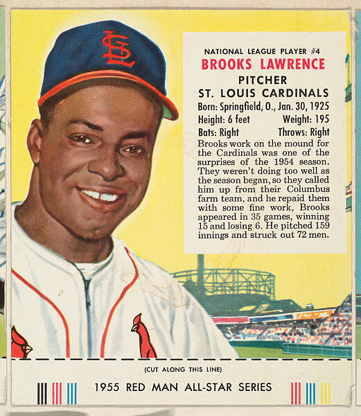 Brooks Lawrence, from the Major League Baseball series (T235), issued by Red Man Chewing Tobacco, Issued by Red Man Chewing Tobacco (American), Commercial color lithograph 
