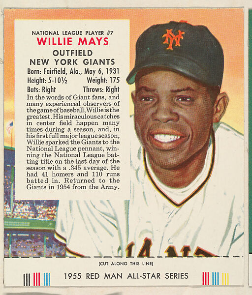 Willie Mays, from the Major League Baseball series (T235), issued by Red Man Chewing Tobacco, Issued by Red Man Chewing Tobacco (American), Commercial color lithograph 