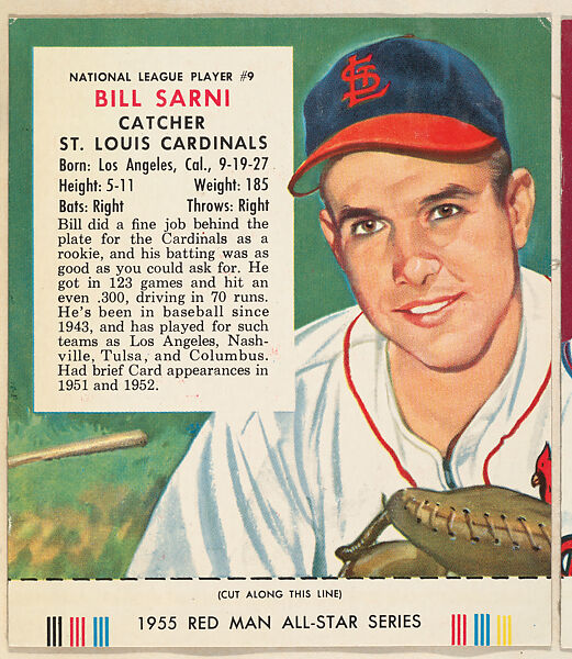 Bill Sarni, from the Major League Baseball series (T235), issued by Red Man Chewing Tobacco, Issued by Red Man Chewing Tobacco (American), Commercial color lithograph 