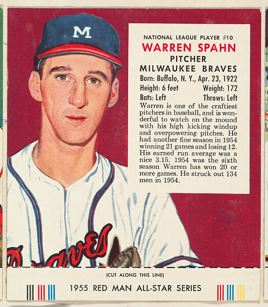 Warren Spahn, from the Major League Baseball series (T235), issued by Red Man Chewing Tobacco, Issued by Red Man Chewing Tobacco (American), Commercial color lithograph 