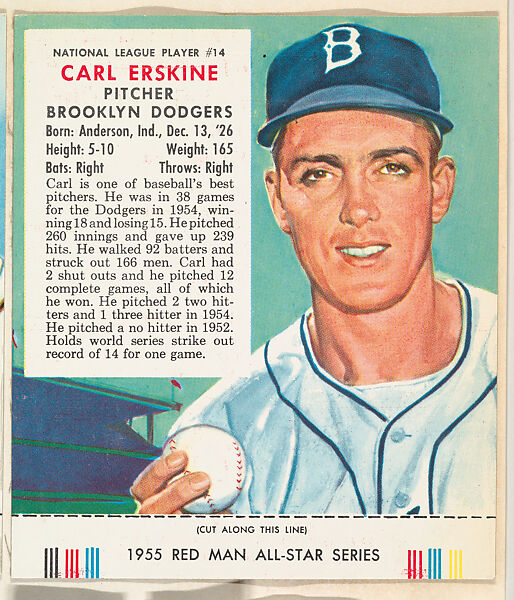 Carl Erskine, from the Major League Baseball series (T235), issued by Red Man Chewing Tobacco, Issued by Red Man Chewing Tobacco (American), Commercial color lithograph 