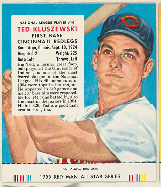 Issued by Red Man Chewing Tobacco, Ted Kluszewski, from the Major League  Baseball series (T235), issued by Red Man Chewing Tobacco