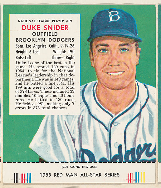 Duke Snider, from the Major League Baseball series (T235), issued by Red Man Chewing Tobacco, Issued by Red Man Chewing Tobacco (American), Commercial color lithograph 