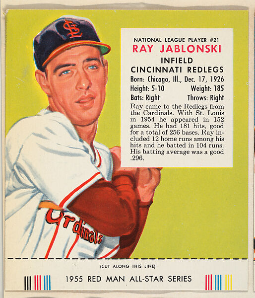 Ray Jablonski, from the Major League Baseball series (T235), issued by Red Man Chewing Tobacco, Issued by Red Man Chewing Tobacco (American), Commercial color lithograph 