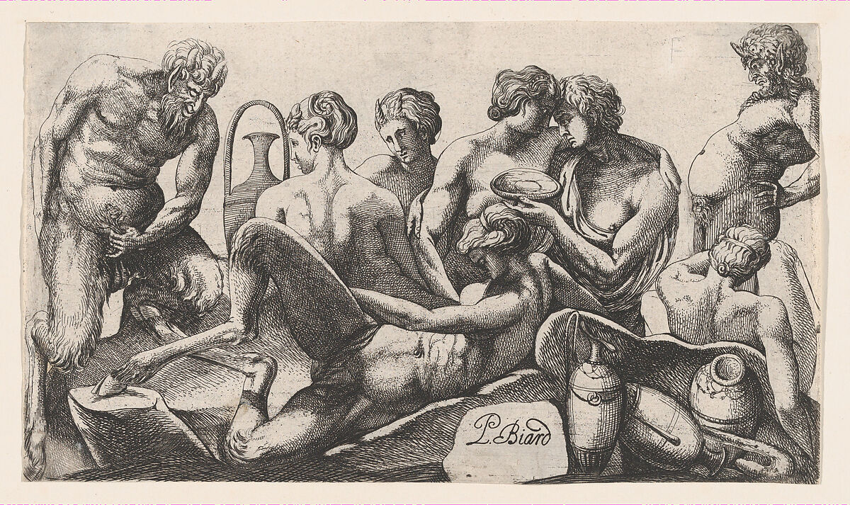 Eight Satyres and Satyresses Finishing a Meal, Pierre Biard II (French, Paris 1592–1661 Paris), Engraving 
