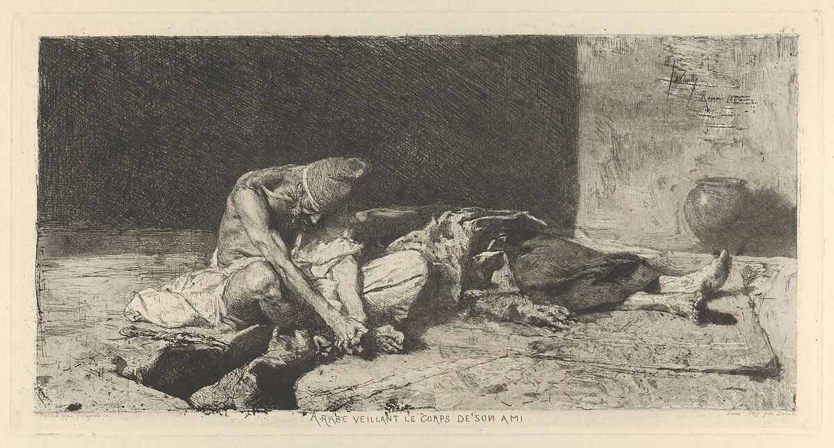 An Arabic man keeping watch over the dead body of his friend, Mariano Fortuny, 1838–1874 (Spanish, 1838–1874), Etching 