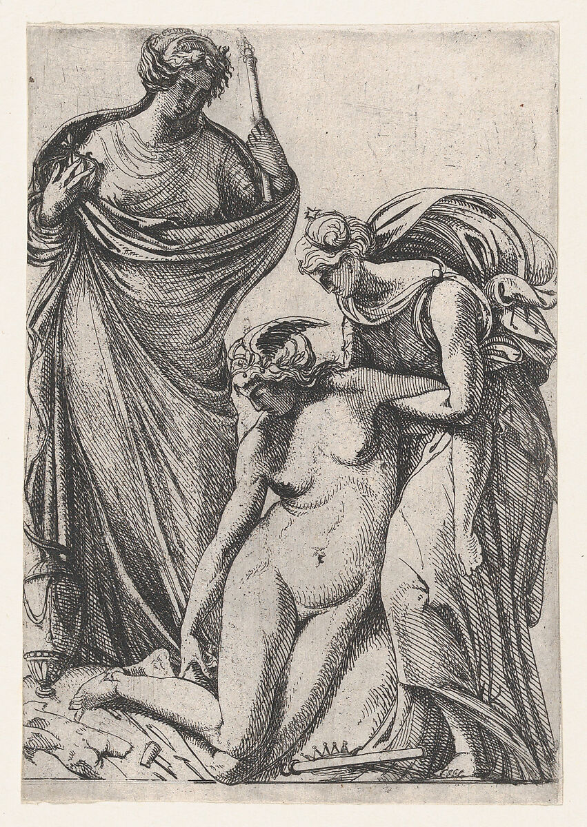 Study supporting the fainting personification of Sculpture; standing next to them, France as a draped woman holding crown and sceptre, Pierre Biard II (French, Paris 1592–1661 Paris), Engraving 