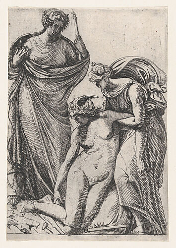 Study supporting the fainting personification of Sculpture; standing next to them, France as a draped woman holding crown and sceptre