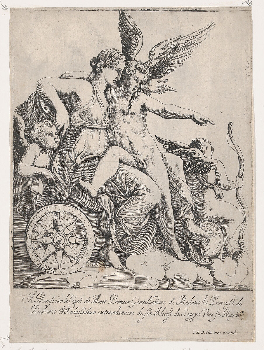 Venus and Cupid on a Chariot, Pierre Biard II (French, Paris 1592–1661 Paris), Engraving 