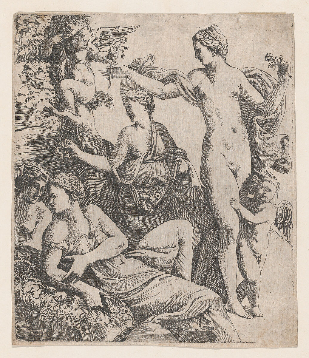 Venus, standing with the three Graces, is offered a flower from a putto, Pierre Biard II (French, Paris 1592–1661 Paris), Engraving 