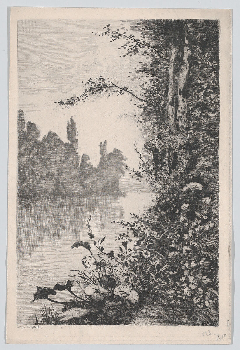 View of Flowers and Trees along a River Bank, Marcel Blairat (French, Roquemaure 1849–1891 Paris), Etching 